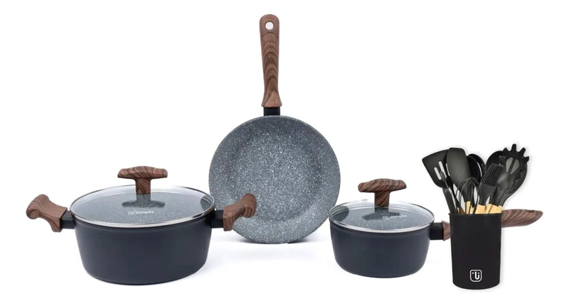 BATERIA DE COCINA CON SET DE 12 UTENSILIOS NEGRO - 1