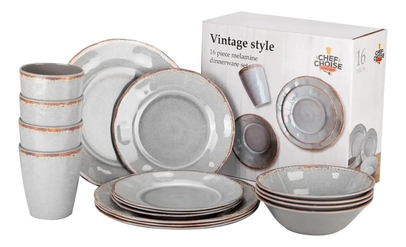SET DE VAJILLA COMPLETO 16 PIEZAS MELAMINA GRIS - 1