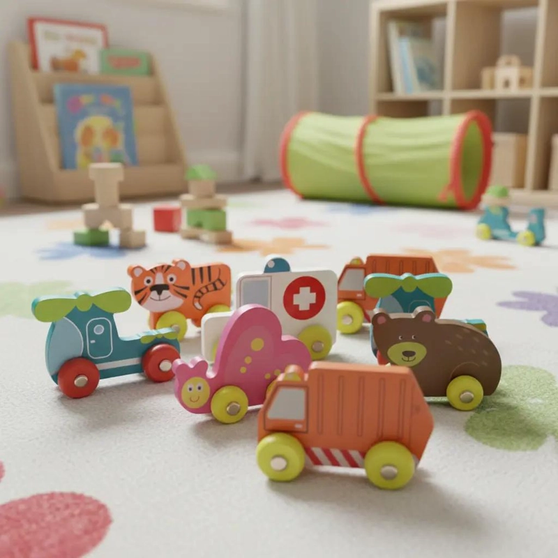 SET DE 8 AUTOS DE MADERA CON ANIMALES Y EMERGENCIAS - 1