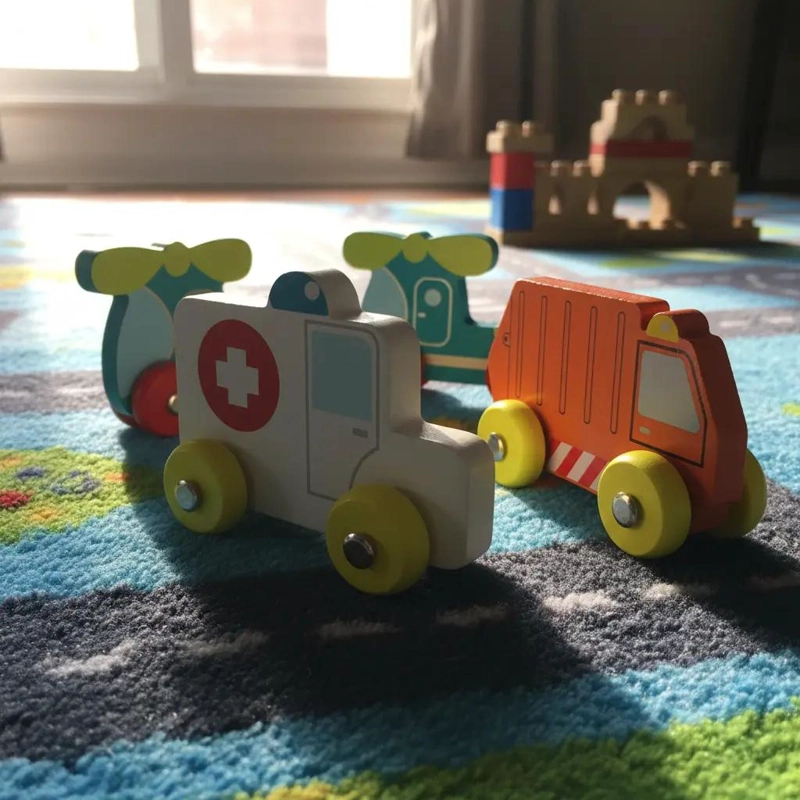 SET DE 8 AUTOS DE MADERA CON ANIMALES Y EMERGENCIAS - 2
