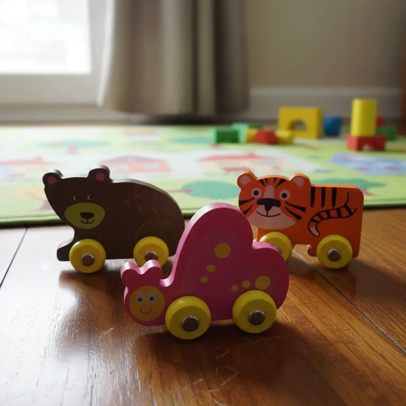 SET DE 8 AUTOS DE MADERA CON ANIMALES Y EMERGENCIAS - 3