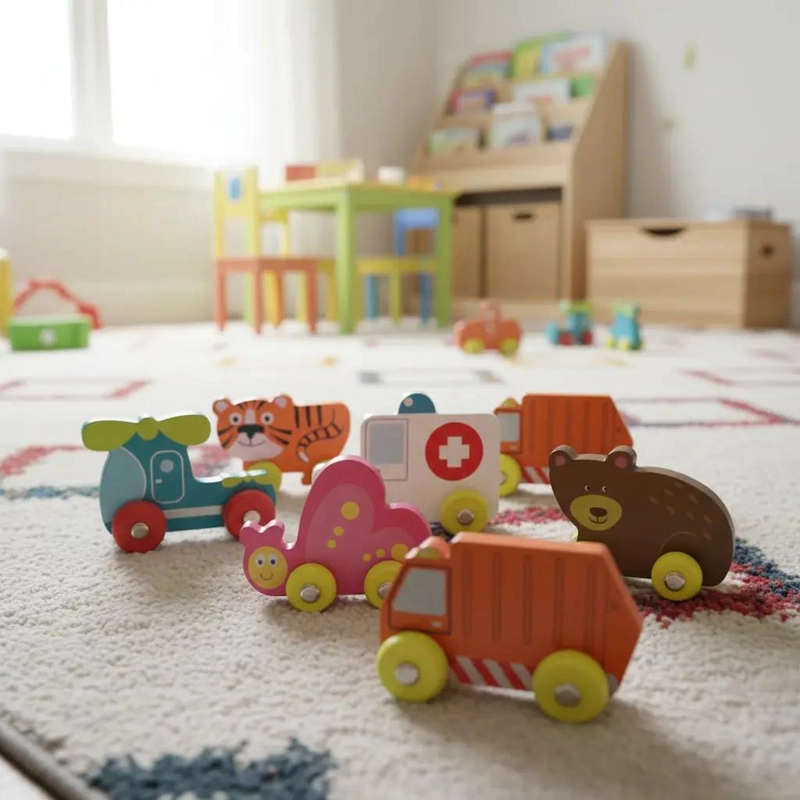 SET DE 8 AUTOS DE MADERA CON ANIMALES Y EMERGENCIAS - 4