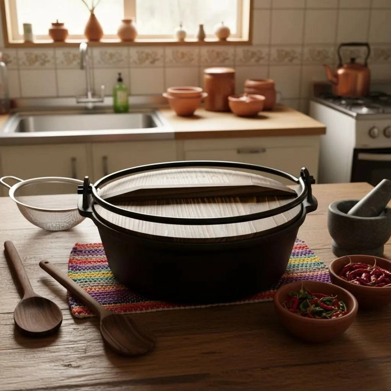 OLLA DE HIERRO FUNDIDO CON ASA Y TAPA DE MADERA 25CM - 4