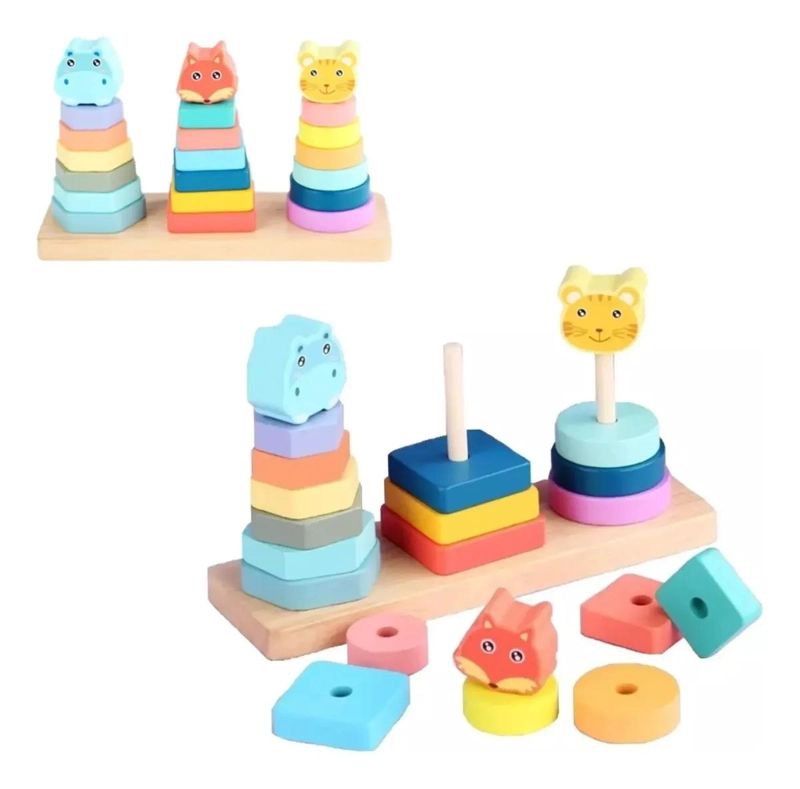 TORRE TRIPLE DE MADERA CON BLOQUES DE ANIMALES - 1