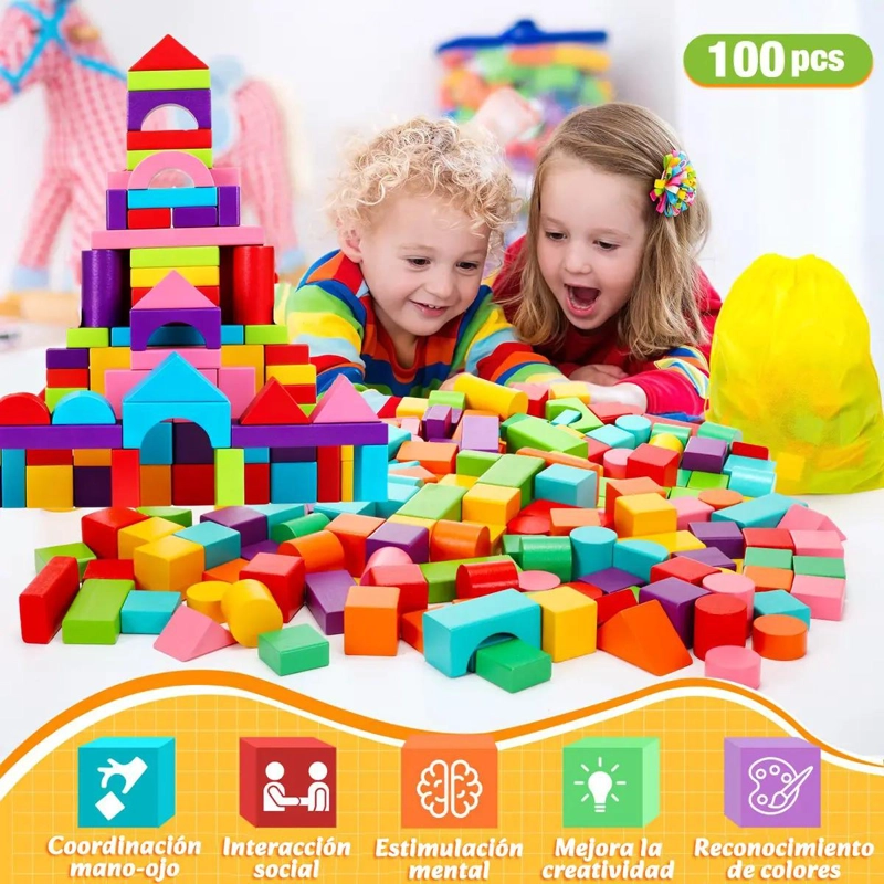 100 BLOQUES DE MADERA PARA JUEGO EDUCATIVO STEM - 3