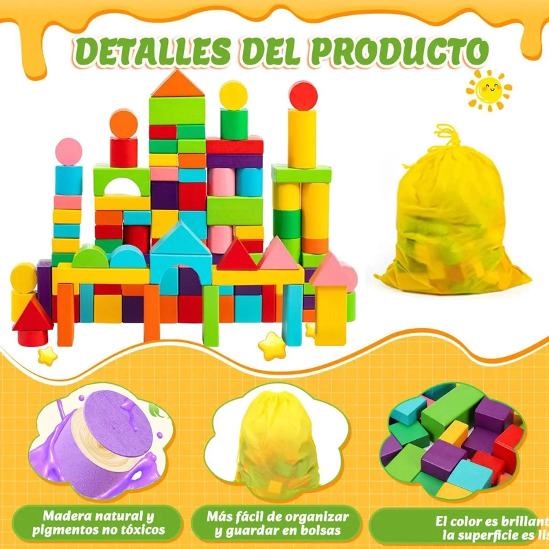 100 BLOQUES DE MADERA PARA JUEGO EDUCATIVO STEM - 4