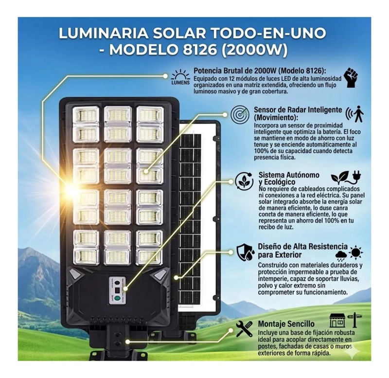 FOCO SOLAR LED 2000W IMPERMEABLE PARA ALUMBRADO PUBLICO - 3