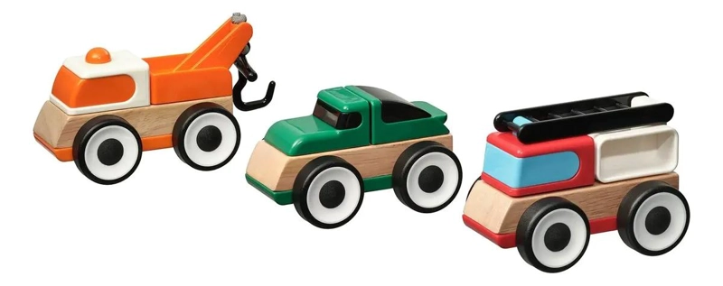 SET 3 AUTOS DE MADERA BOMBEROS, GRUA Y DEPORTIVO 11CM - 1