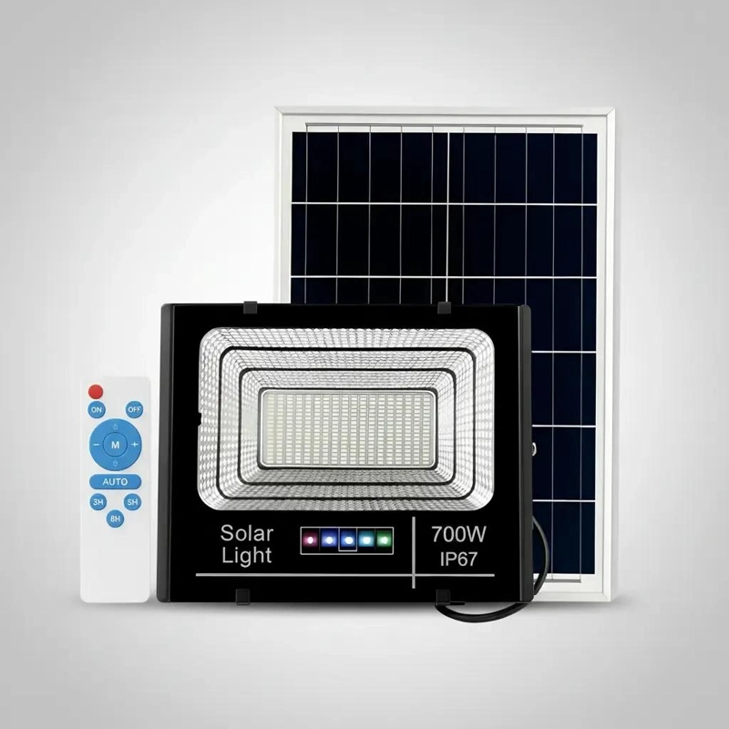 FOCO SOLAR 700W CON PANEL Y CONTROL REMOTO IP67 NEGRO - 1