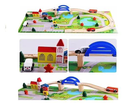 SET DE PISTA DE MADERA CON PUENTE Y VIAS PARA AUTOS - 2