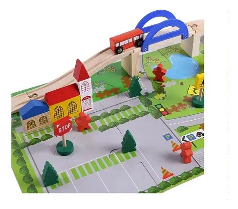 SET DE PISTA DE MADERA CON PUENTE Y VIAS PARA AUTOS - 3
