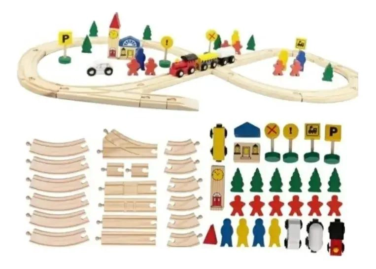 PISTA DE AUTOS Y TREN DE MADERA CON PUENTE 88 PIEZAS - 1