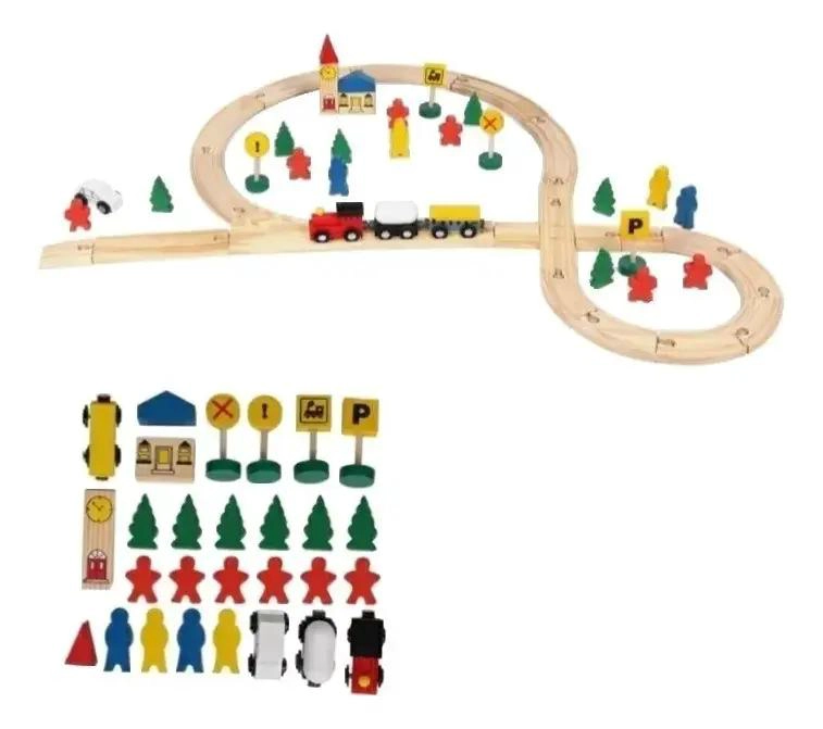 PISTA DE AUTOS Y TREN DE MADERA CON PUENTE 88 PIEZAS - 3
