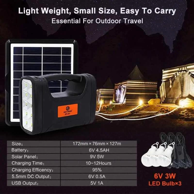 KIT CAMPING SOLAR CON LAMPARA DE EMERGENCIA Y 3 AMPOLTAS - 3