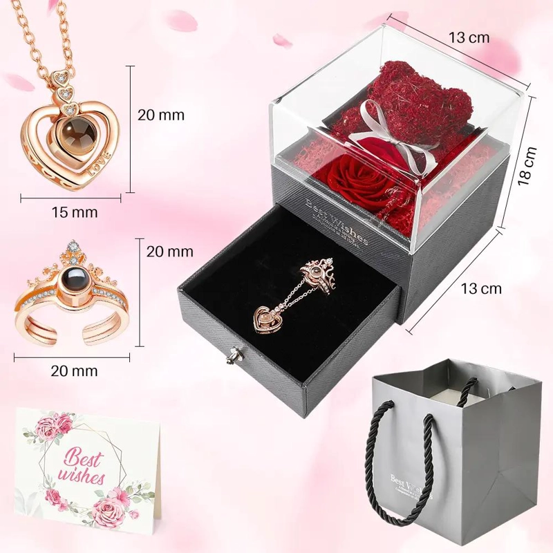 FLOR ROSA ETERNA CON TARJETA Y CAJA PARA OCASIONES - 2