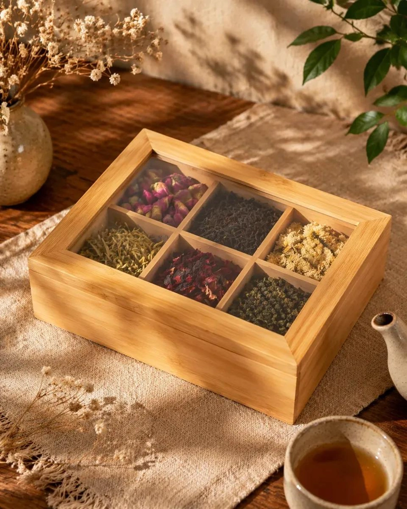 CAJA ORGANIZADORA DE TE  CON 6 COMPARTIMENTOS Y TAPA DE VI - 1