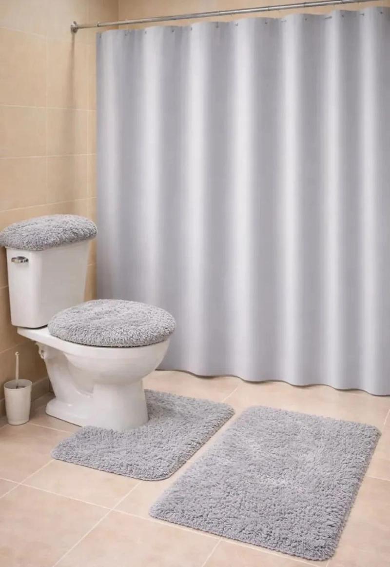 SET DE BAÑO 3 PIEZAS UNICOLOR PELUDO CON CORTINA - 1