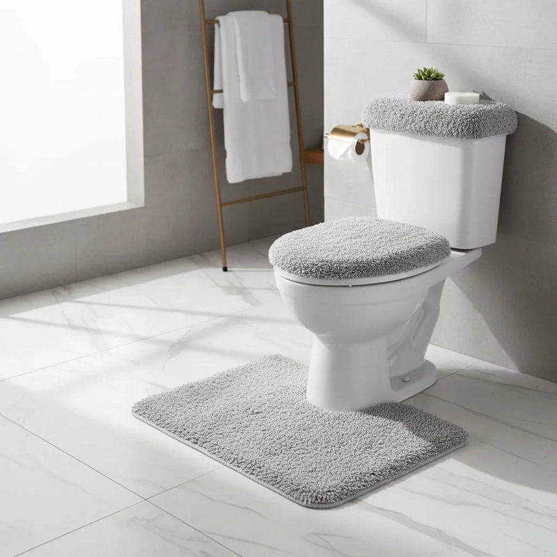 SET DE BAÑO 3 PIEZAS UNICOLOR PELUDO CON CORTINA - 2