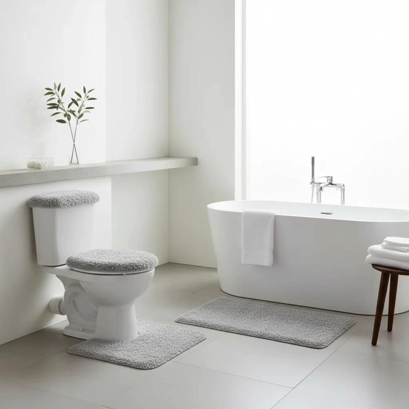 SET DE BAÑO 3 PIEZAS UNICOLOR PELUDO CON CORTINA - 3