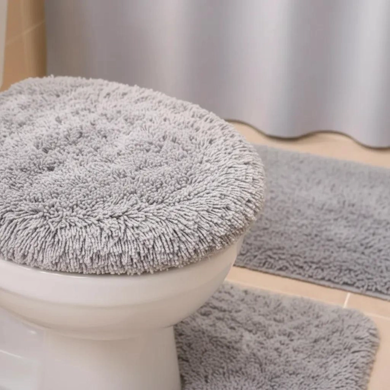 SET DE BAÑO 3 PIEZAS UNICOLOR PELUDO CON CORTINA - 4