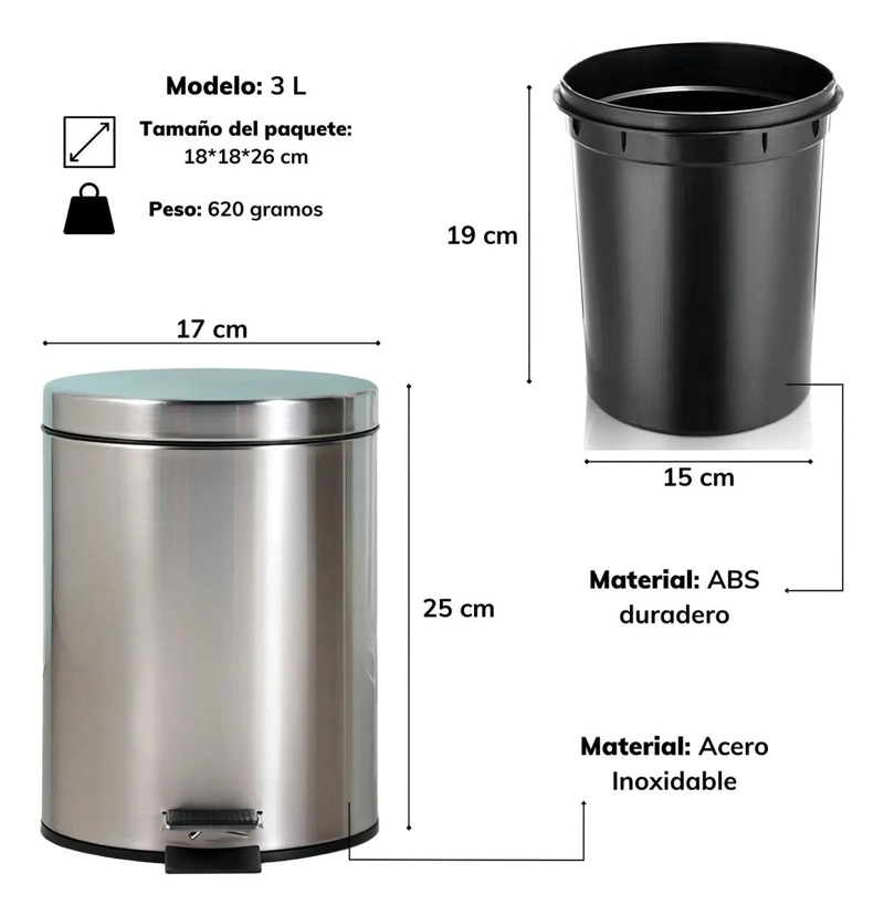 PACK 2 BASUREROS METALICOS DE 3 LITROS PARA PAPEL - 2