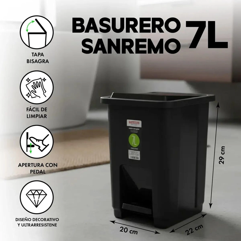 BASURERO PLASTICO CON PEDAL 7 LITROS COLOR NEGRO - 2