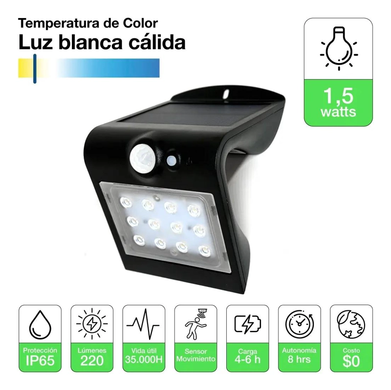 FOCO SOLAR PARA MURO EXTERIOR 1,5W LUZ CALIDA - 2