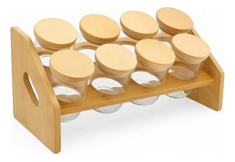 SET 8 FRASCOS PARA CONDIMENTOS CON TAPA BAMBU Y SOPORTE - 1