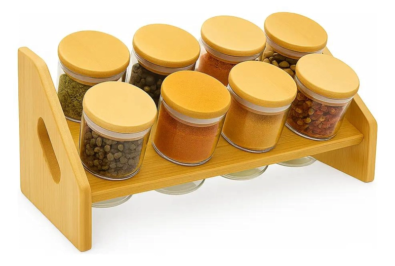SET 8 FRASCOS PARA CONDIMENTOS CON TAPA BAMBU Y SOPORTE - 2