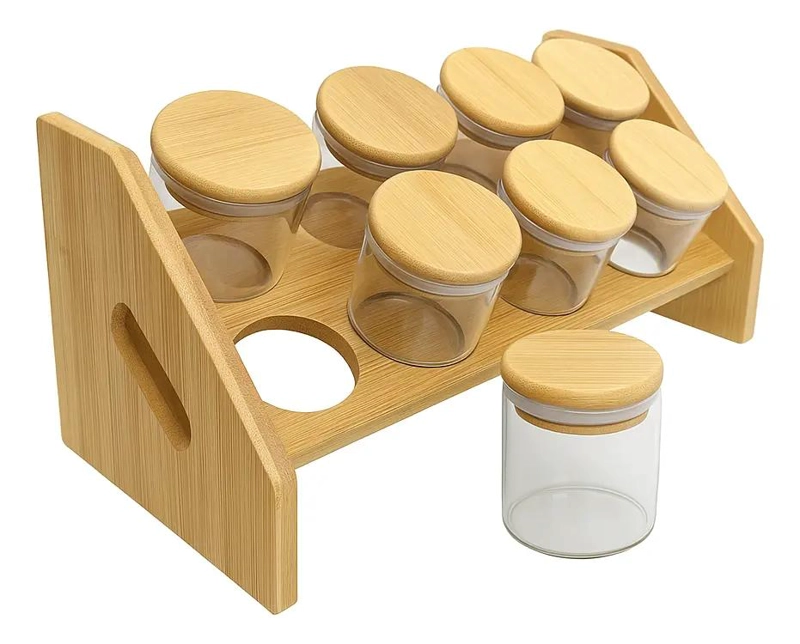 SET 8 FRASCOS PARA CONDIMENTOS CON TAPA BAMBU Y SOPORTE - 4