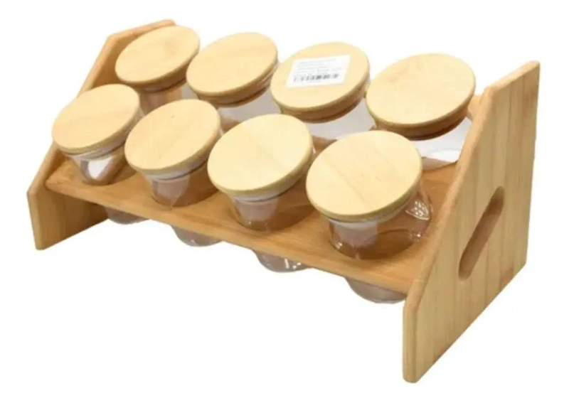 SET 8 FRASCOS PARA CONDIMENTOS CON TAPA BAMBU Y SOPORTE - 5