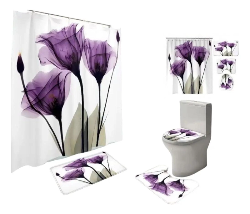 SET DE BAÑO COMPLETO CON CORTINA IMPERMEABLE 4 PIEZAS - 1