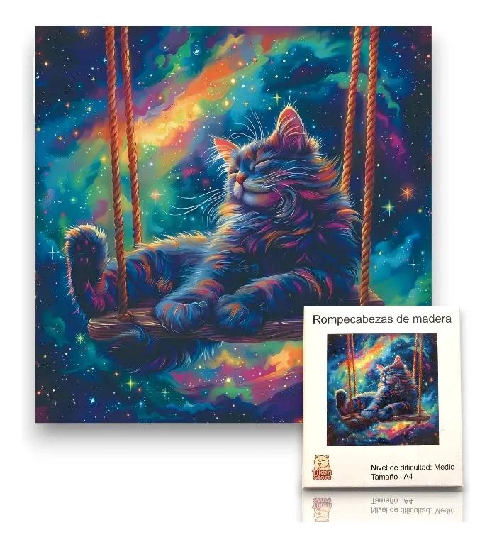 ROMPECABEZAS DE MADERA A4 CON DISEÑO DE GATO Y UNIVERSO - 1