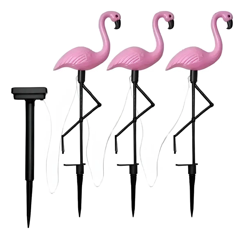 ESTACAS SOLARES CON LUCES LED FLAMENCOS ROSADOS PACK 3 - 1