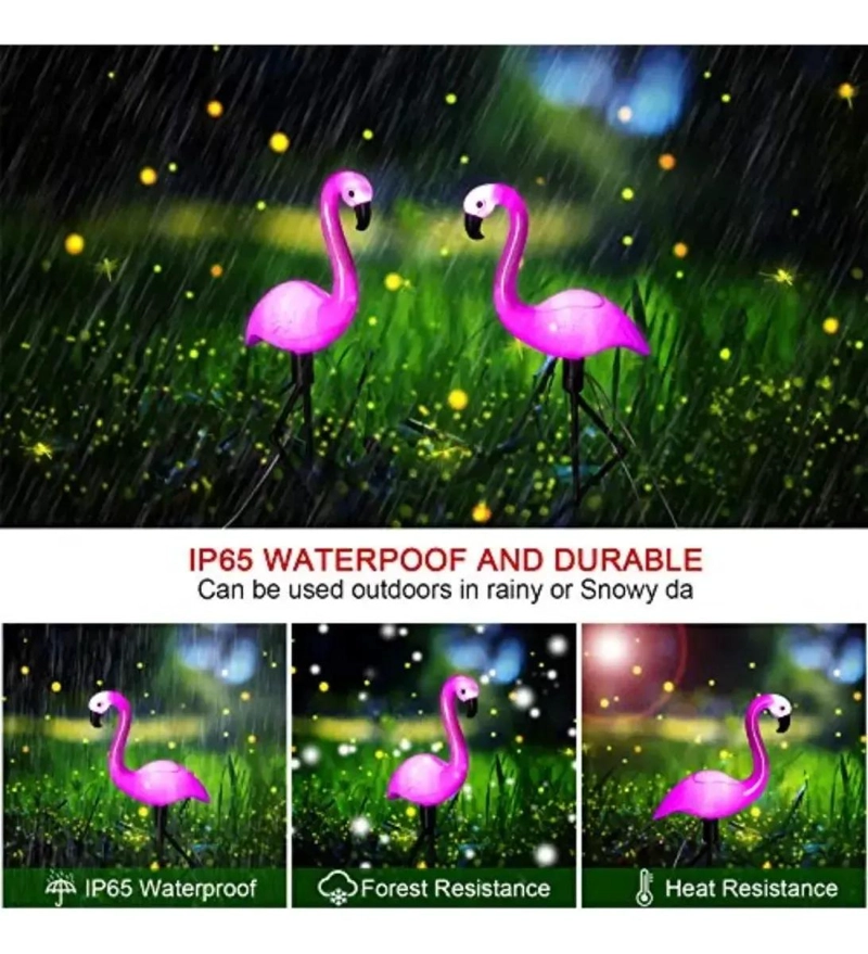 ESTACAS SOLARES CON LUCES LED FLAMENCOS ROSADOS PACK 3 - 4