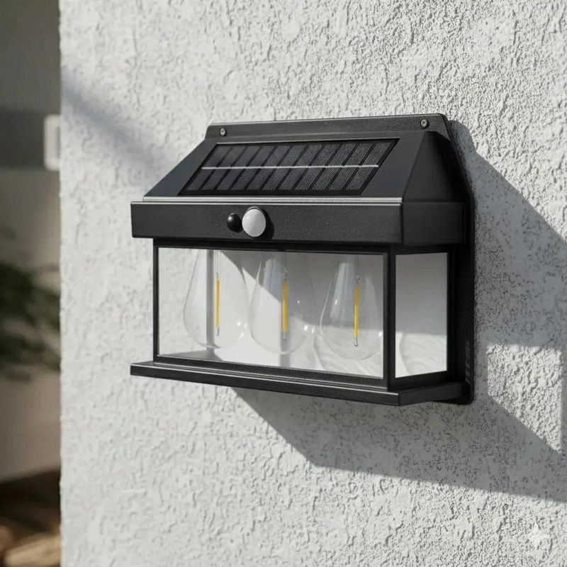 FAROL SOLAR DE PARED CON 3 AMPOLLETAS Y SENSOR - 1
