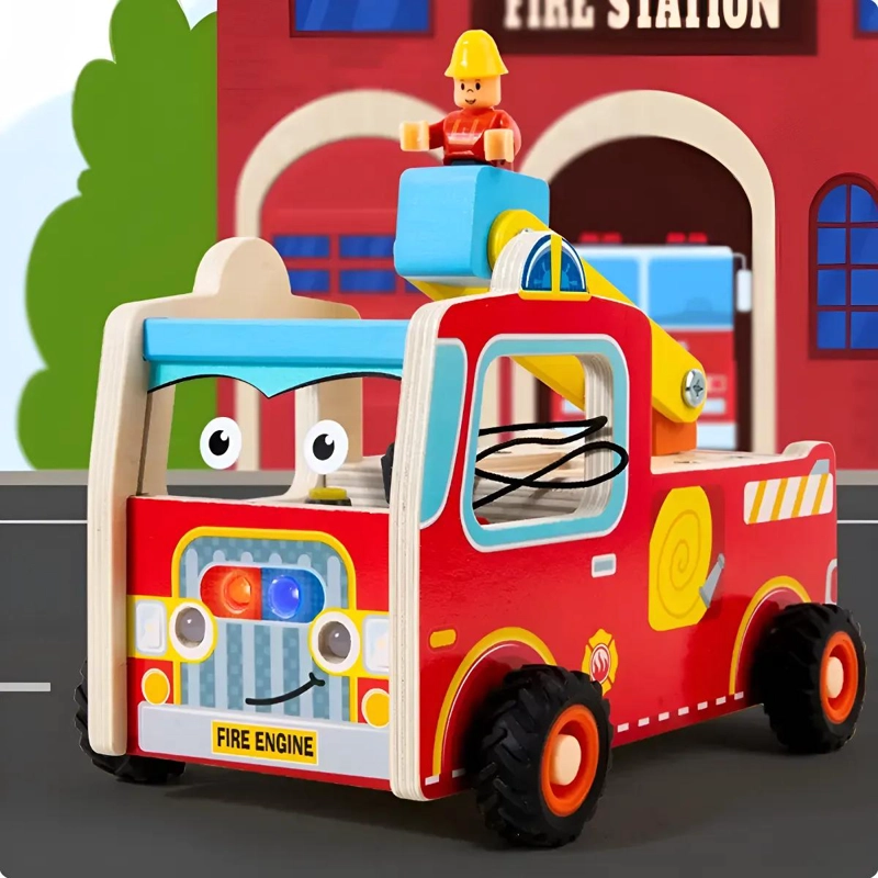 CAMION DE BOMBEROS DE MADERA CON LUCES Y SONIDO - 3