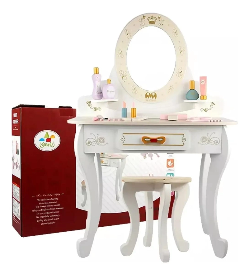 TOCADOR INFANTIL DE MADERA CON TABURETE Y SET DE BELLEZA - 5