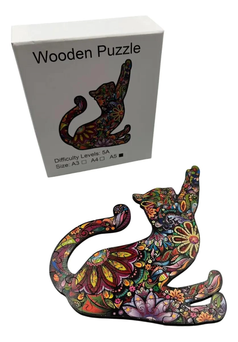 PUZZLE DE MADERA CON SILUETA DE GATO Y FLORES - 1