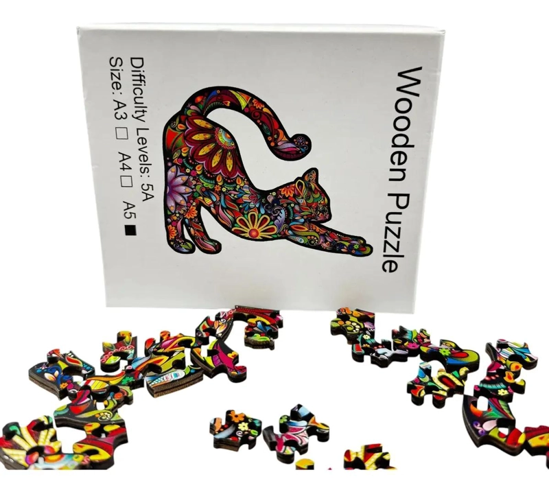 PUZZLE DE MADERA CON SILUETA DE GATO Y FLORES - 2