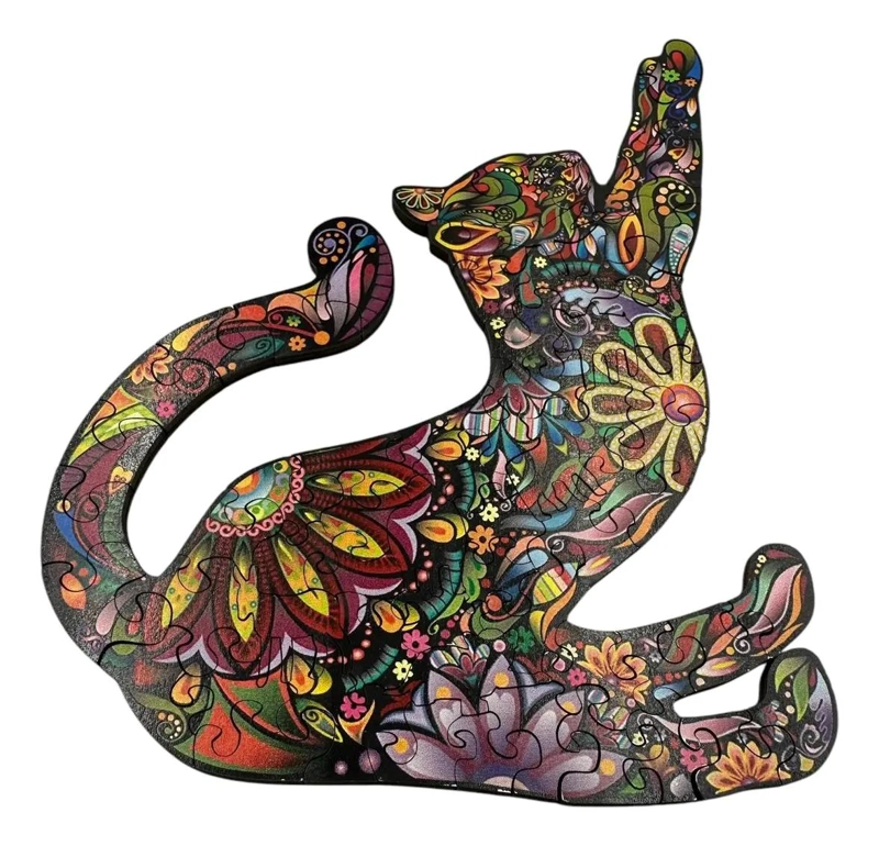 PUZZLE DE MADERA CON SILUETA DE GATO Y FLORES - 3