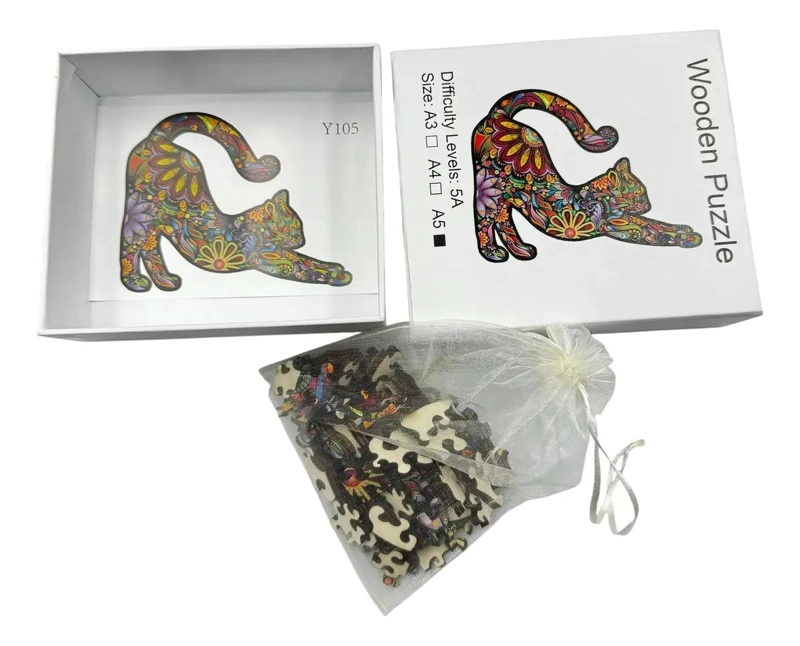 PUZZLE DE MADERA CON SILUETA DE GATO Y FLORES - 4