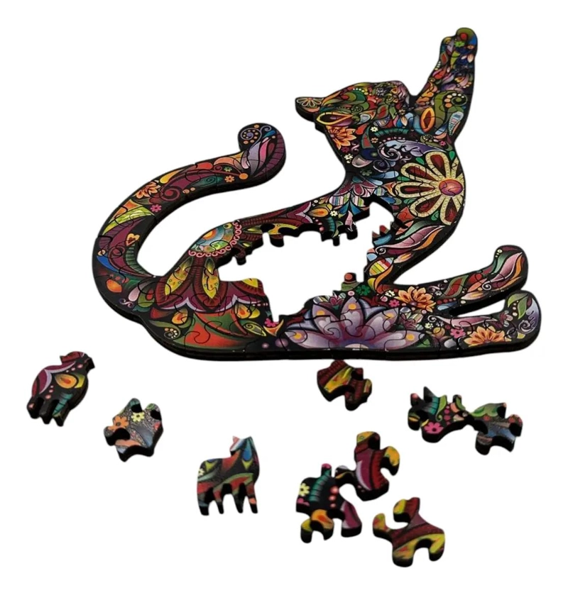PUZZLE DE MADERA CON SILUETA DE GATO Y FLORES - 5