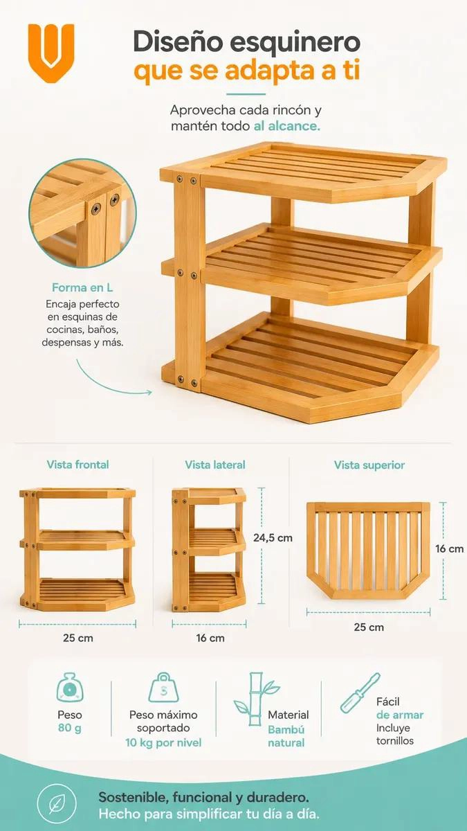 ORGANIZADOR ESQUINERO DE COCINA CON REPISAS TRIPLES - 2