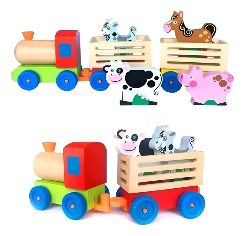 TREN DE MADERA DIDACTICO CON ANIMALES DE GRANJA - 1