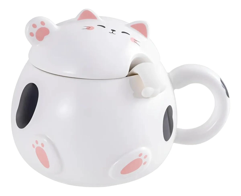TAZA MUG CON TAPA Y CUCHARA DISEÑO GATO - 1