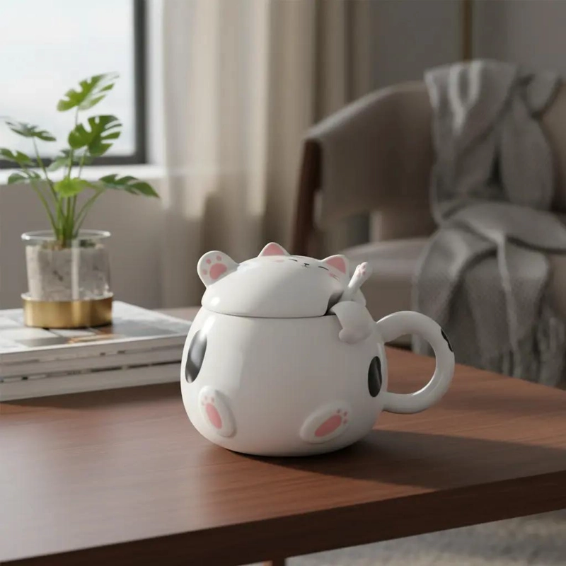 TAZA MUG CON TAPA Y CUCHARA DISEÑO GATO - 2