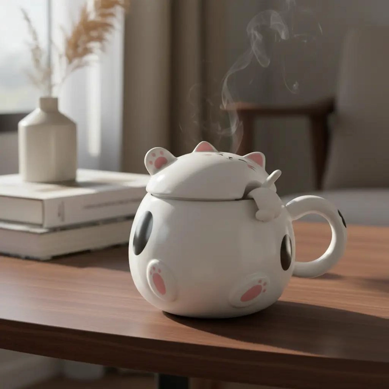 TAZA MUG CON TAPA Y CUCHARA DISEÑO GATO - 3