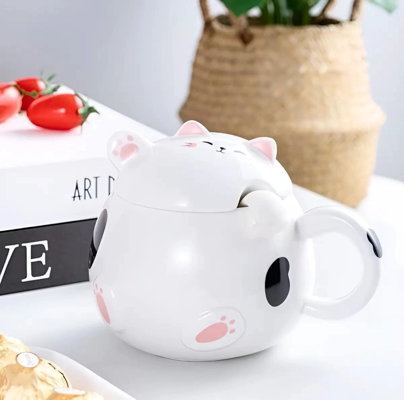 TAZA MUG CON TAPA Y CUCHARA DISEÑO GATO - 4