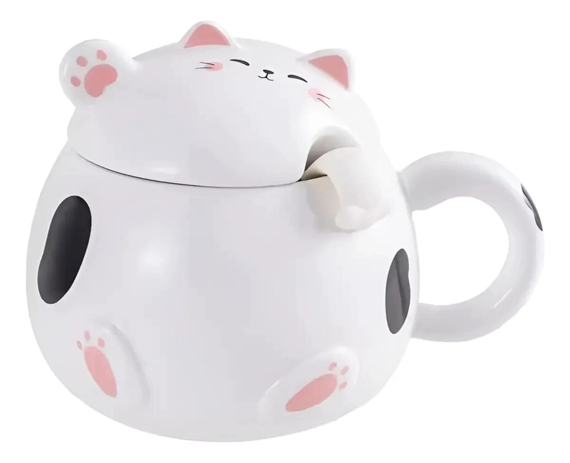 TAZA MUG CON TAPA Y CUCHARA DISEÑO GATO - 5